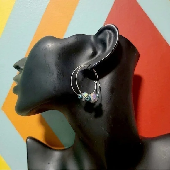 New Handmade Iridescent Glass Beads On Silver Colored Hoop Earrings Gift Boxed - Picture 1 of 9